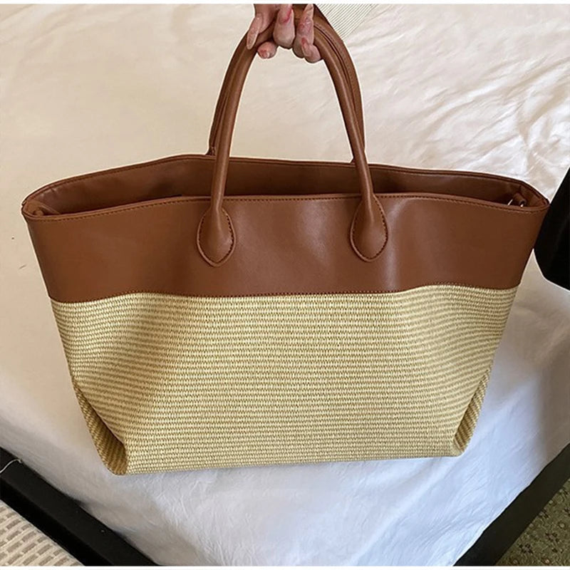 Luxury Contrast Stitching PU Straw Bag, Large Capacity Brand Wing-shaped Tote Handbag, Commuter Storage Shoulder Bag For Women