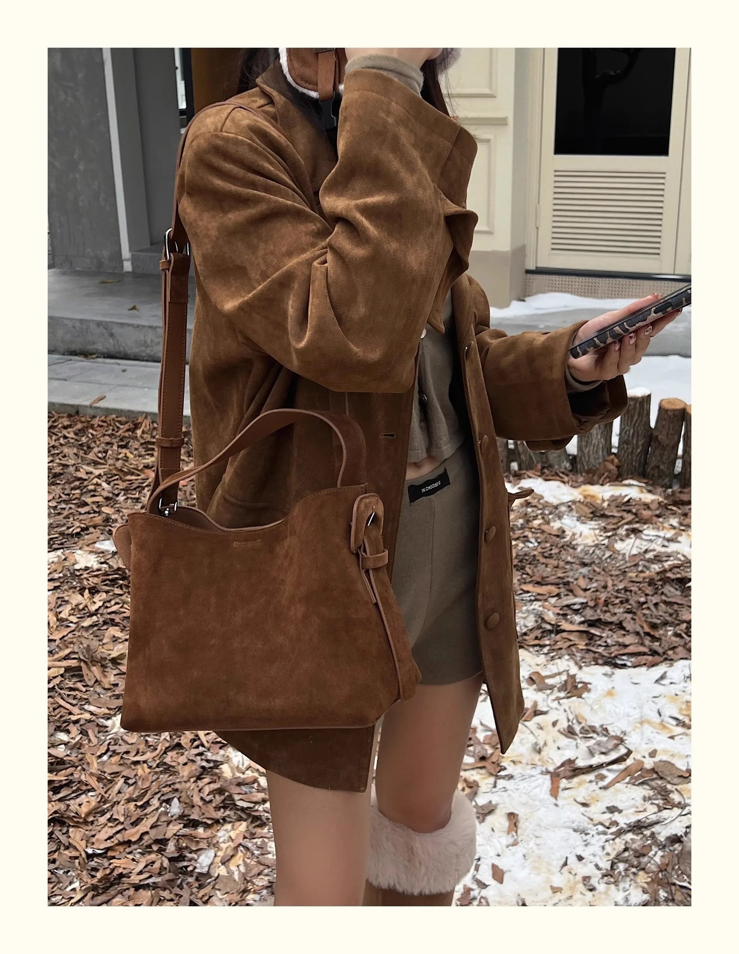 2026 Designer Winter Matte Maroon Color Top Handle Bucket Tote Large Suede Cow Leather Women Shoulder Bag Quality Nubuck Handbag