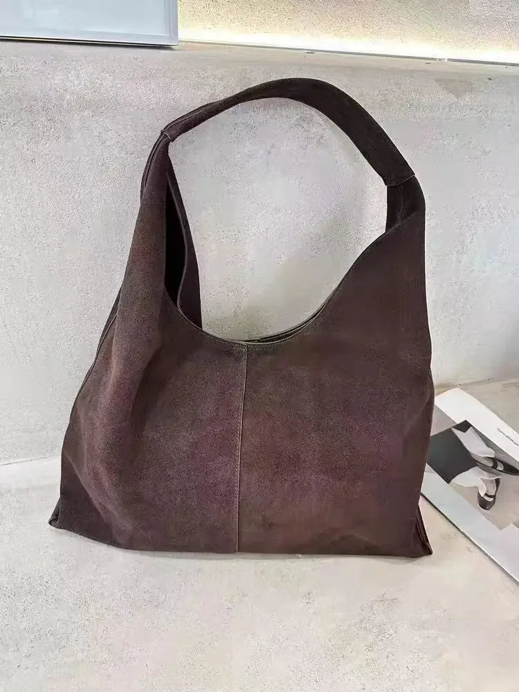 Classic Large Capacity Winter First-class Nubuck Leather Travel Armpit Tote Grey Luxury Suede Cow Leather Women Handbag Big