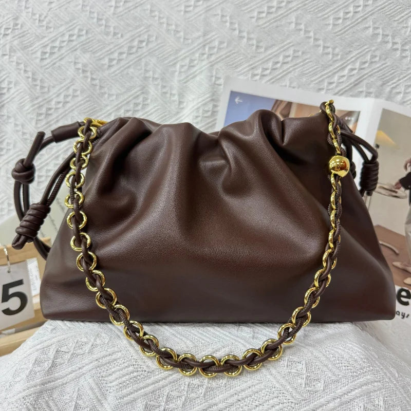 Brand Design Drawstring Cloud Bag, Soft Leather Lucky Tote, Large Capacity Versatile Shoulder Crossbody Commuter Bag For Women
