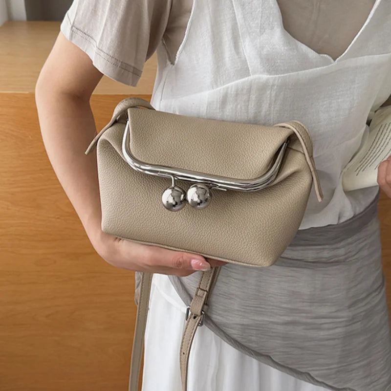 Luxury Vintage Kiss Lock Crossbody Bag, Lychee Texture Shoulder Handbag, Korean Elegant Simple Coin Purse Headphone Wallet
