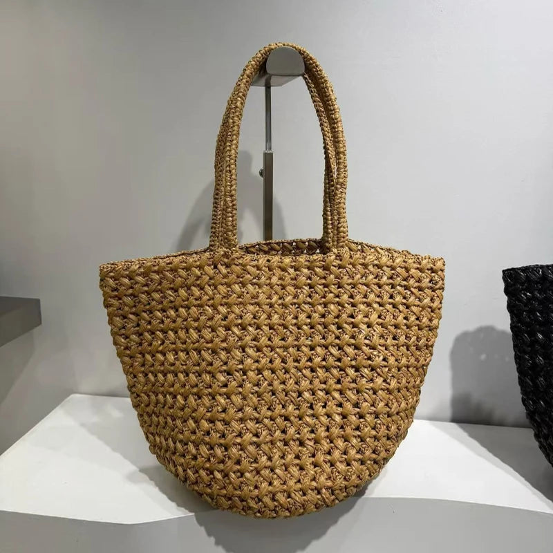 Brand Woven Straw Bucket Bag, High-quality Simple Casual Shoulder Handbag, Women's Commuter Beach Vacation Tote Purse