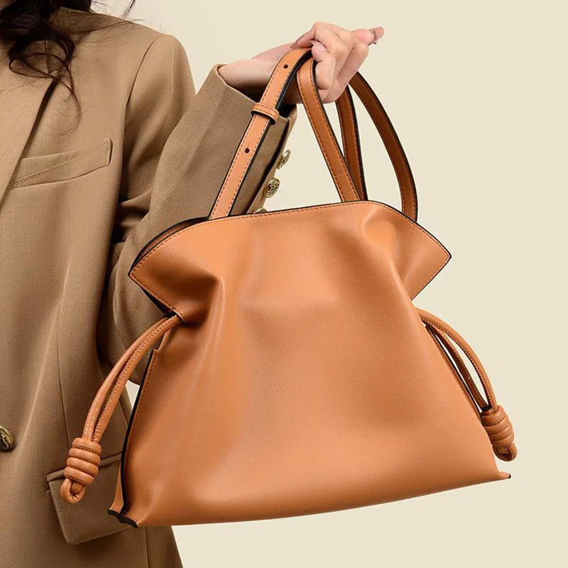 Luxury Caramel Color Leather Crossbody Bag Cloud Pleated Bag Large Capacity Design Drawstring Bag Stylish Commuter Bag For Women
