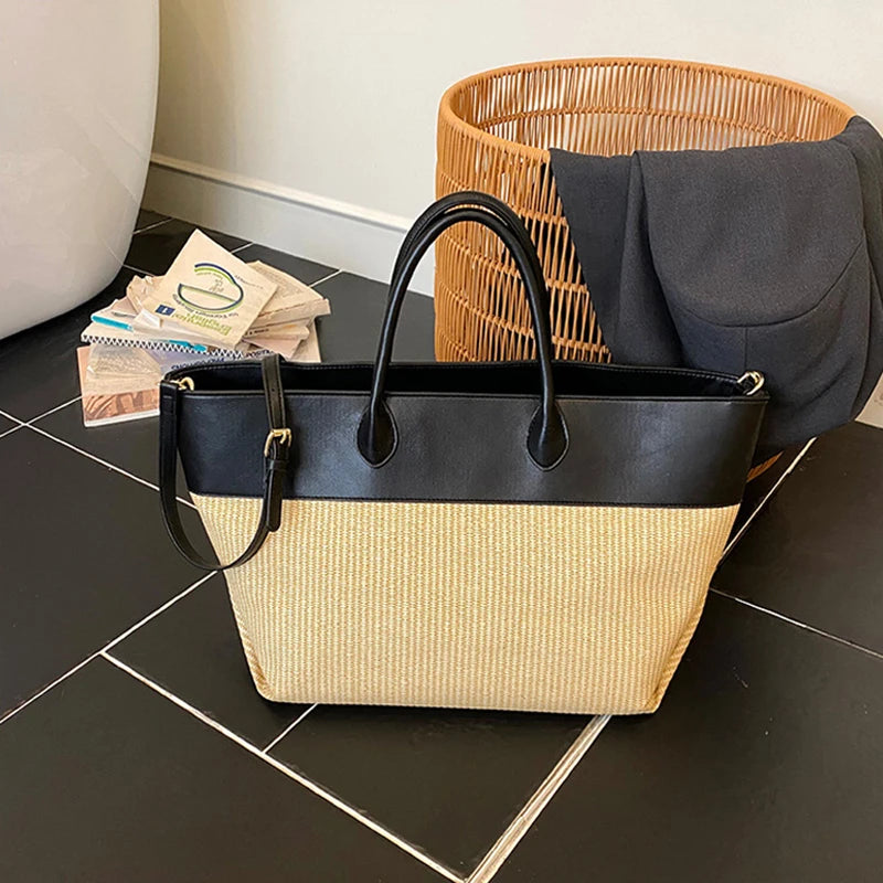 Luxury Contrast Stitching PU Straw Bag, Large Capacity Brand Wing-shaped Tote Handbag, Commuter Storage Shoulder Bag For Women
