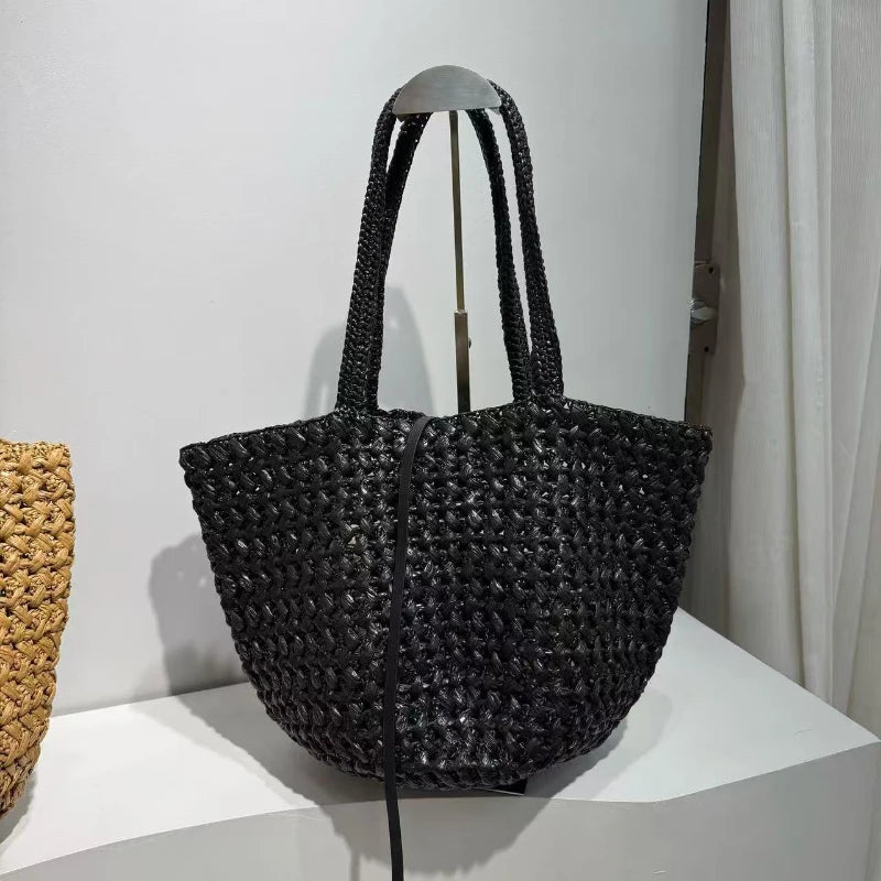 Brand Woven Straw Bucket Bag, High-quality Simple Casual Shoulder Handbag, Women's Commuter Beach Vacation Tote Purse