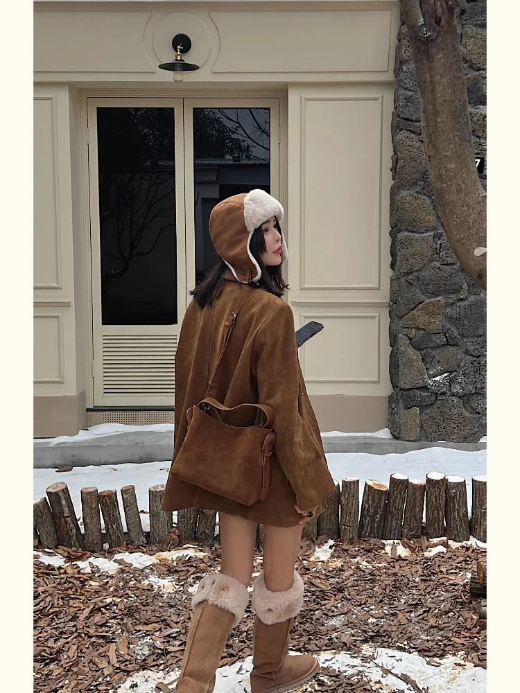 2026 Designer Winter Matte Maroon Color Top Handle Bucket Tote Large Suede Cow Leather Women Shoulder Bag Quality Nubuck Handbag