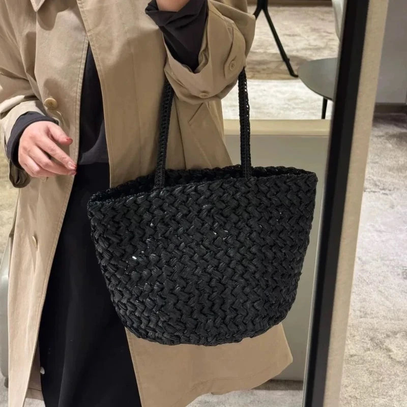 Brand Woven Straw Bucket Bag, High-quality Simple Casual Shoulder Handbag, Women's Commuter Beach Vacation Tote Purse