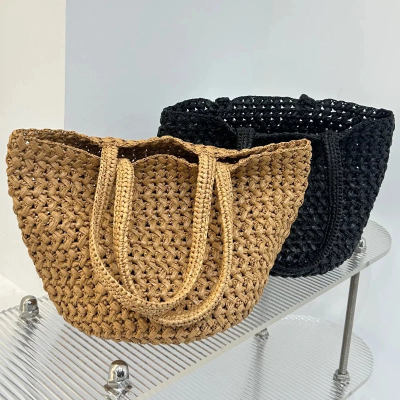 Brand Woven Straw Bucket Bag, High-quality Simple Casual Shoulder Handbag, Women's Commuter Beach Vacation Tote Purse