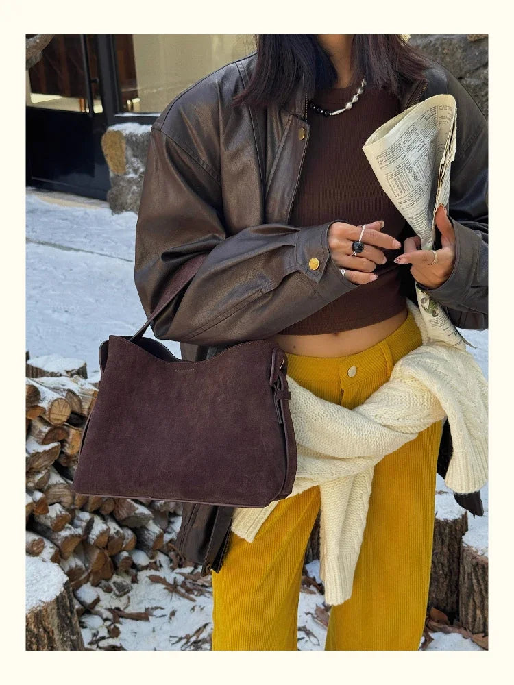 2026 Designer Winter Matte Maroon Color Top Handle Bucket Tote Large Suede Cow Leather Women Shoulder Bag Quality Nubuck Handbag