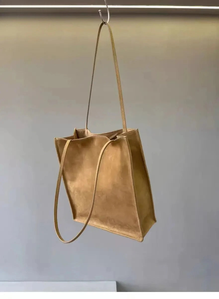 Retro Simple Normcore Kakhi Red Color Shopping Tote High-end Thick Suede / Cow Leather Women Handbag Underarm Purse