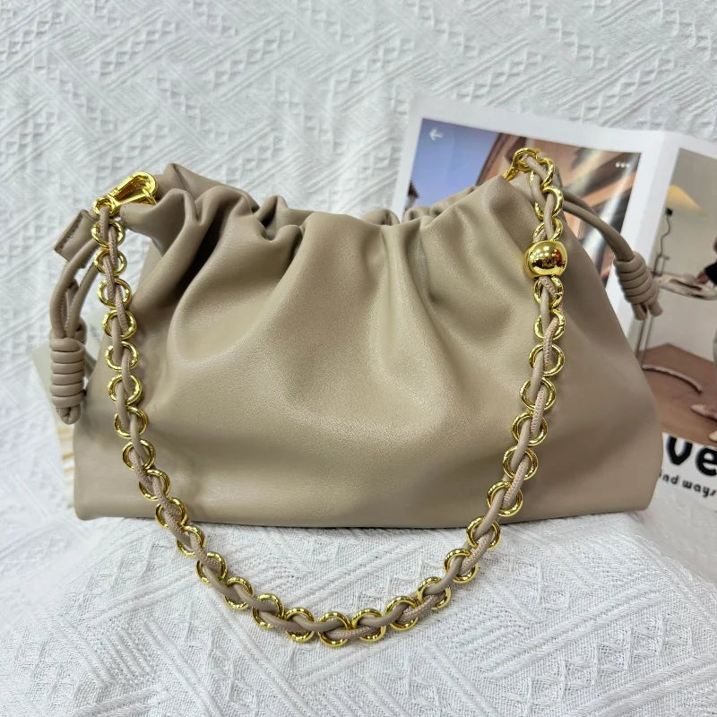 Brand Design Drawstring Cloud Bag, Soft Leather Lucky Tote, Large Capacity Versatile Shoulder Crossbody Commuter Bag For Women