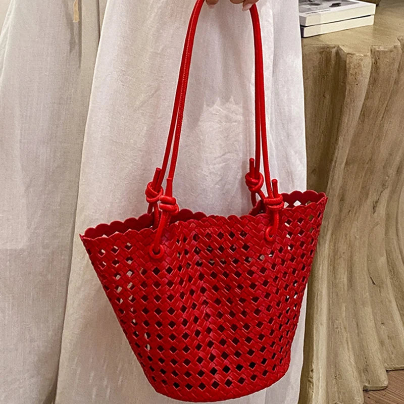 Fashion Hollow Woven Basket Bag Nested Package Soft Leather Shoulder Bag Large Capacity Beach Vacation Bucket Bag With Inner Bag