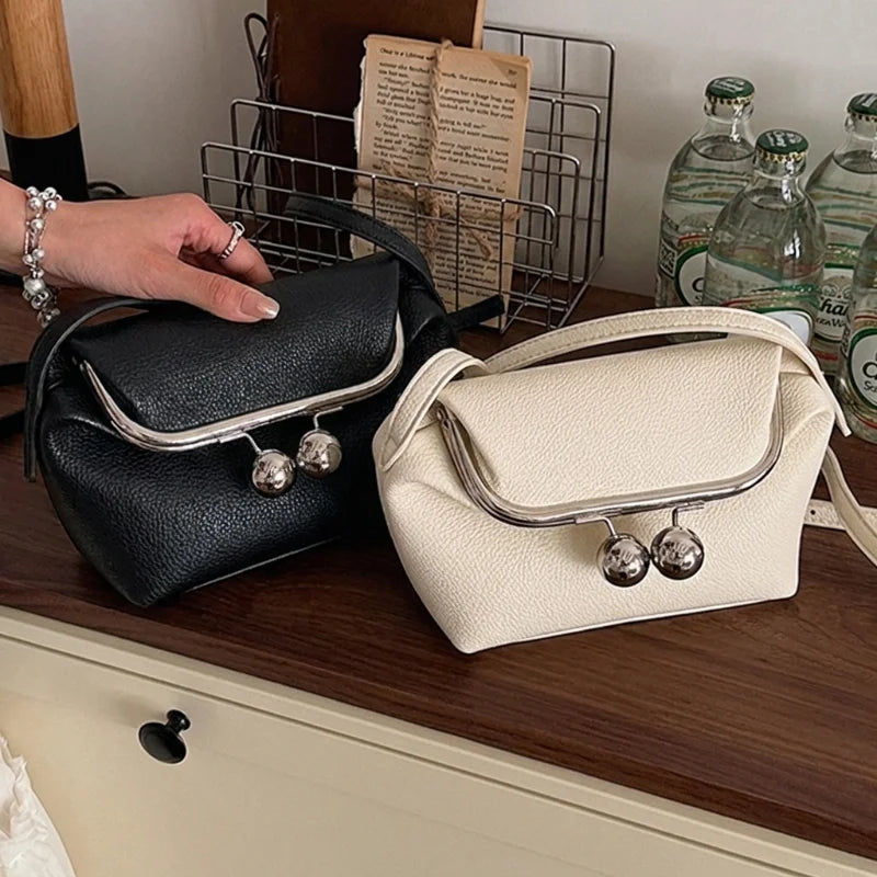 Luxury Vintage Kiss Lock Crossbody Bag, Lychee Texture Shoulder Handbag, Korean Elegant Simple Coin Purse Headphone Wallet
