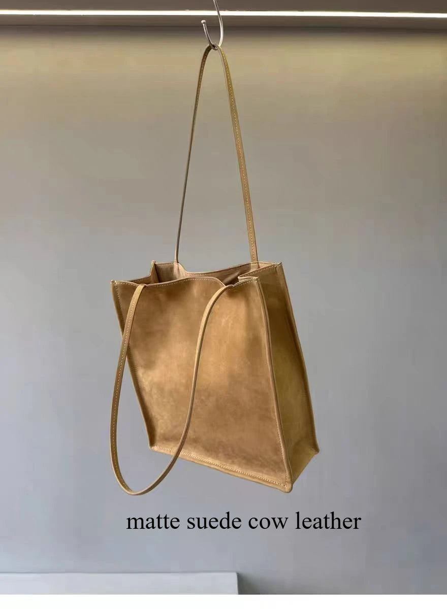 Retro Simple Normcore Kakhi Red Color Shopping Tote High-end Thick Suede / Cow Leather Women Handbag Underarm Purse