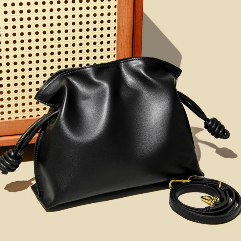 Luxury Caramel Color Leather Crossbody Bag Cloud Pleated Bag Large Capacity Design Drawstring Bag Stylish Commuter Bag For Women