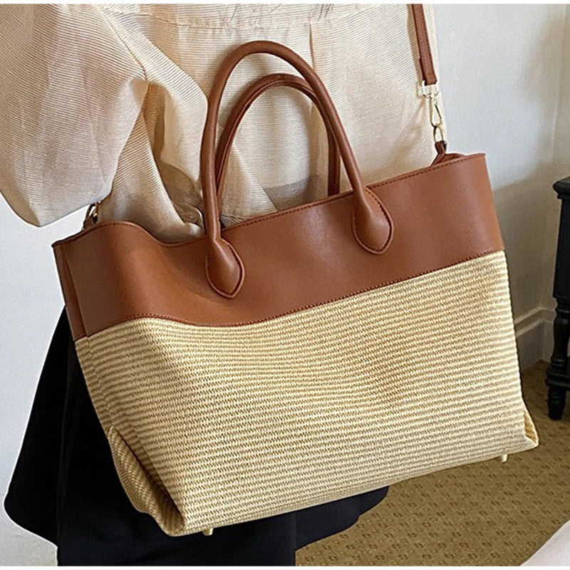 Luxury Contrast Stitching PU Straw Bag, Large Capacity Brand Wing-shaped Tote Handbag, Commuter Storage Shoulder Bag For Women