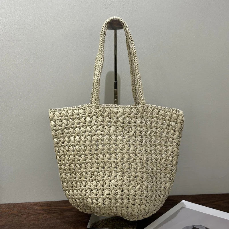 Brand Woven Straw Bucket Bag, High-quality Simple Casual Shoulder Handbag, Women's Commuter Beach Vacation Tote Purse