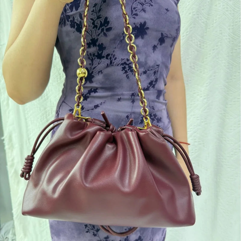 Brand Design Drawstring Cloud Bag, Soft Leather Lucky Tote, Large Capacity Versatile Shoulder Crossbody Commuter Bag For Women