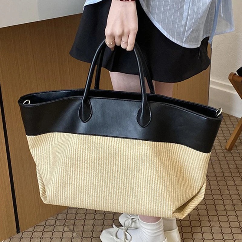 Luxury Contrast Stitching PU Straw Bag, Large Capacity Brand Wing-shaped Tote Handbag, Commuter Storage Shoulder Bag For Women