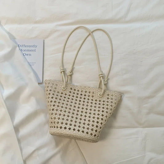 Fashion Hollow Woven Basket Bag Nested Package Soft Leather Shoulder Bag Large Capacity Beach Vacation Bucket Bag With Inner Bag