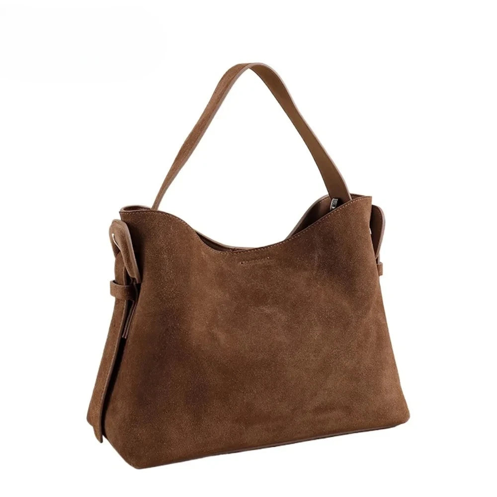 2026 Designer Winter Matte Maroon Color Top Handle Bucket Tote Large Suede Cow Leather Women Shoulder Bag Quality Nubuck Handbag
