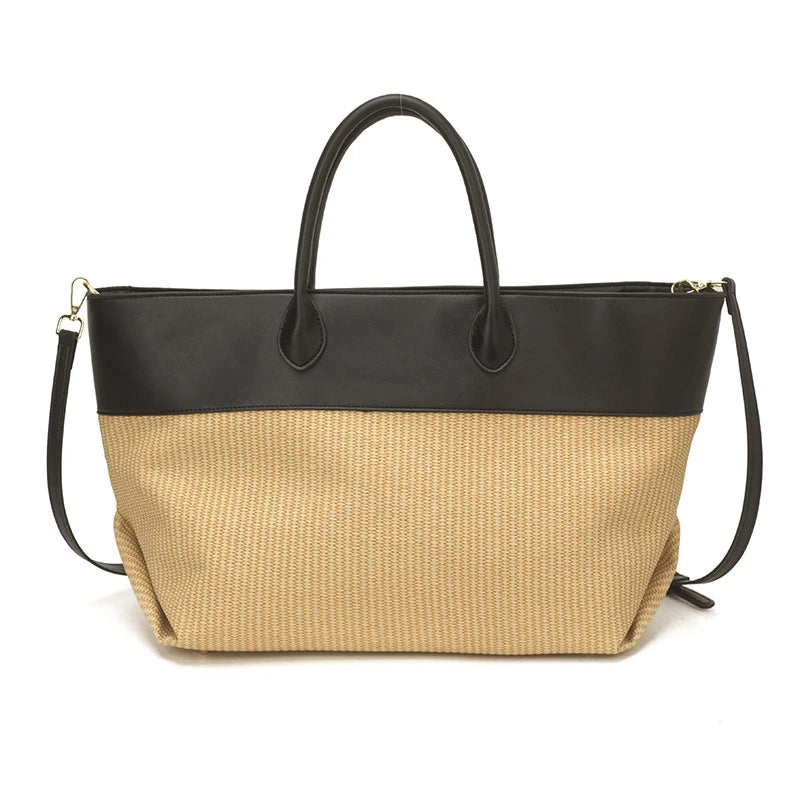 Luxury Contrast Stitching PU Straw Bag, Large Capacity Brand Wing-shaped Tote Handbag, Commuter Storage Shoulder Bag For Women