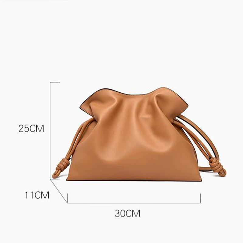 Luxury Caramel Color Leather Crossbody Bag Cloud Pleated Bag Large Capacity Design Drawstring Bag Stylish Commuter Bag For Women