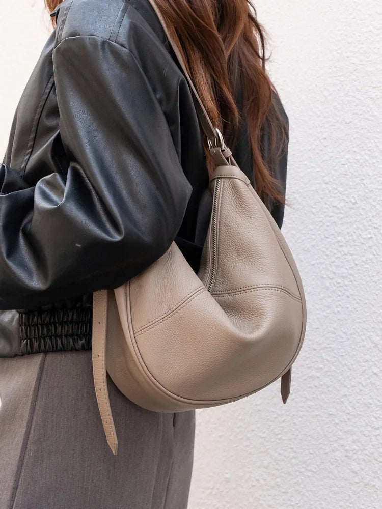 Athflow Casual Natural First Layer Cow Leather Women Hobo Shoulder Bag High Quality Beige Coffee Female Handbag Cowskin Big
