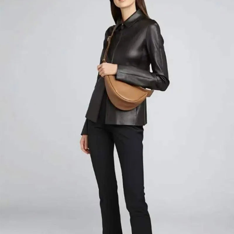 New Ladies Real Leather Handbag the First Layer Plain Pebbled Row Calfskin Unique Half-moon Bag