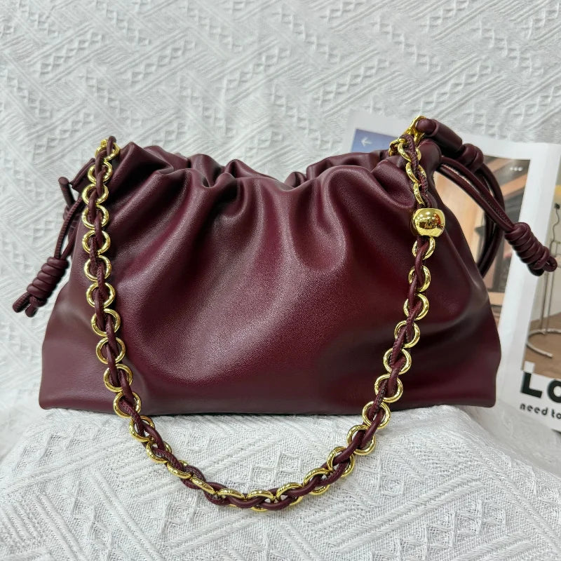 Brand Design Drawstring Cloud Bag, Soft Leather Lucky Tote, Large Capacity Versatile Shoulder Crossbody Commuter Bag For Women