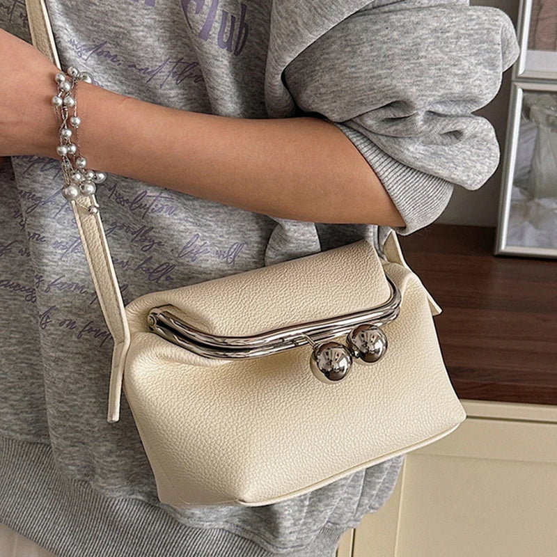 Luxury Vintage Kiss Lock Crossbody Bag, Lychee Texture Shoulder Handbag, Korean Elegant Simple Coin Purse Headphone Wallet