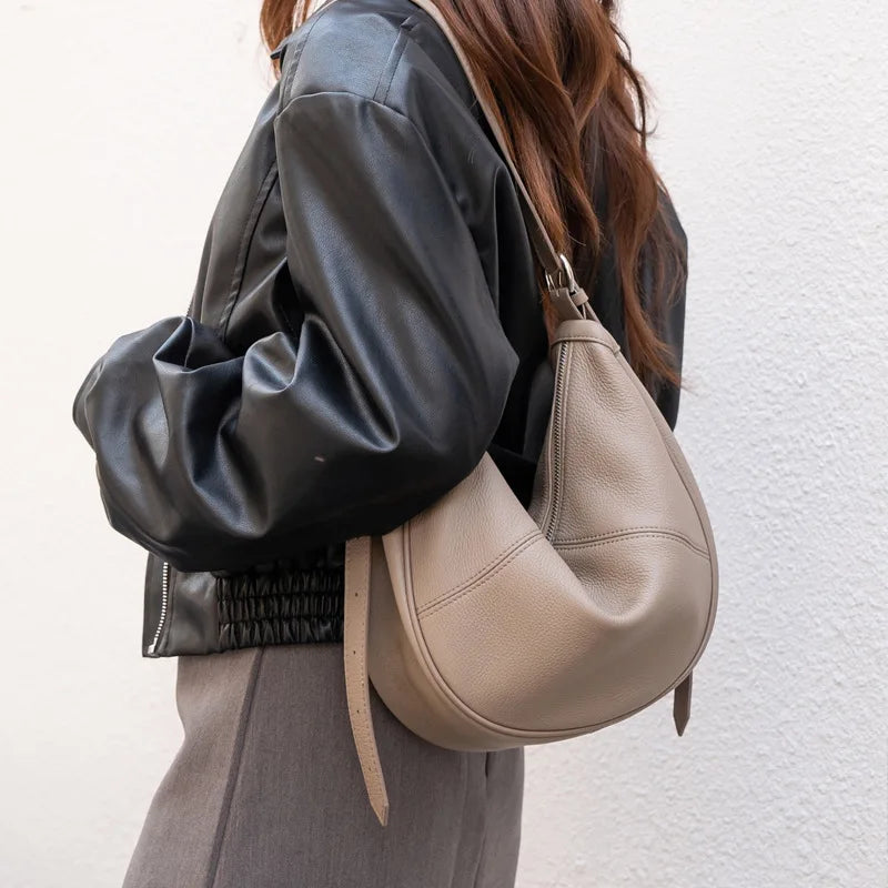 Athflow Casual Natural First Layer Cow Leather Women Hobo Shoulder Bag High Quality Beige Coffee Female Handbag Cowskin Big
