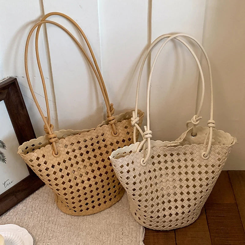 Fashion Hollow Woven Basket Bag Nested Package Soft Leather Shoulder Bag Large Capacity Beach Vacation Bucket Bag With Inner Bag