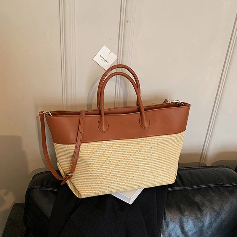 Luxury Contrast Stitching PU Straw Bag, Large Capacity Brand Wing-shaped Tote Handbag, Commuter Storage Shoulder Bag For Women
