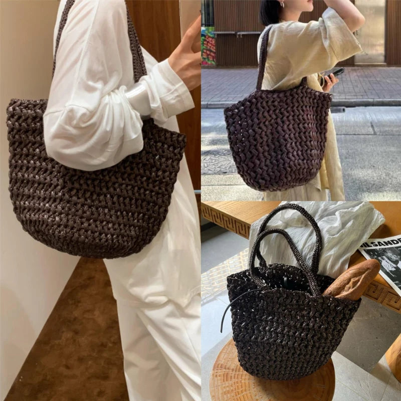 Brand Woven Straw Bucket Bag, High-quality Simple Casual Shoulder Handbag, Women's Commuter Beach Vacation Tote Purse
