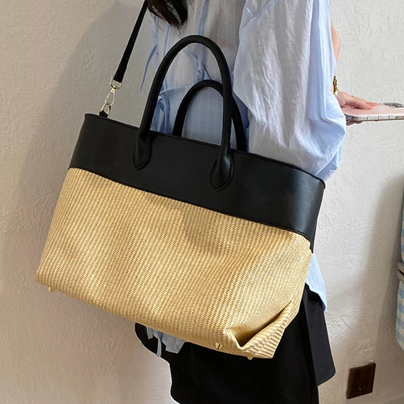 Luxury Contrast Stitching PU Straw Bag, Large Capacity Brand Wing-shaped Tote Handbag, Commuter Storage Shoulder Bag For Women