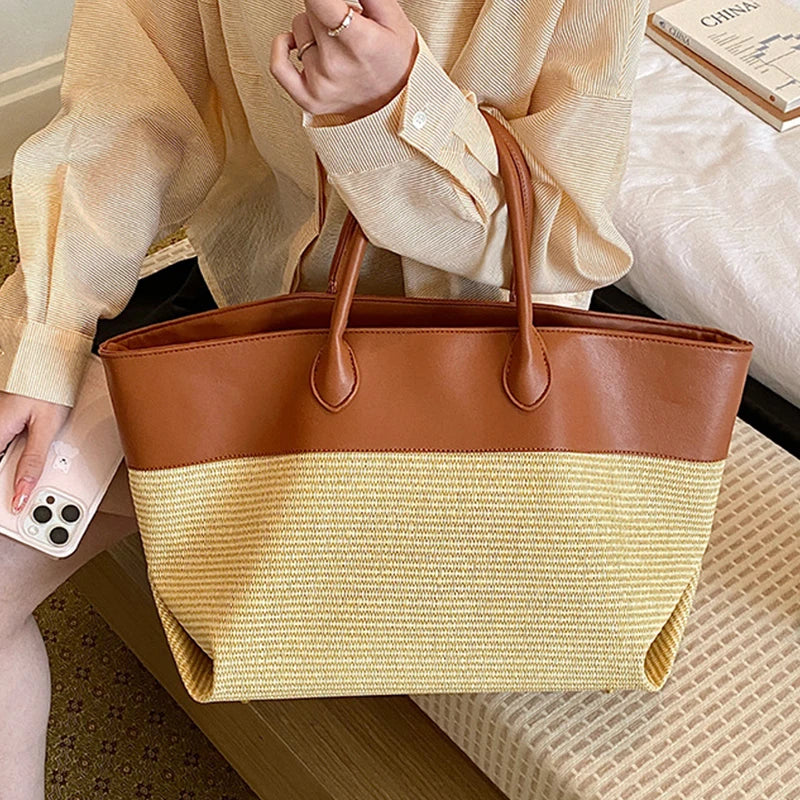 Luxury Contrast Stitching PU Straw Bag, Large Capacity Brand Wing-shaped Tote Handbag, Commuter Storage Shoulder Bag For Women