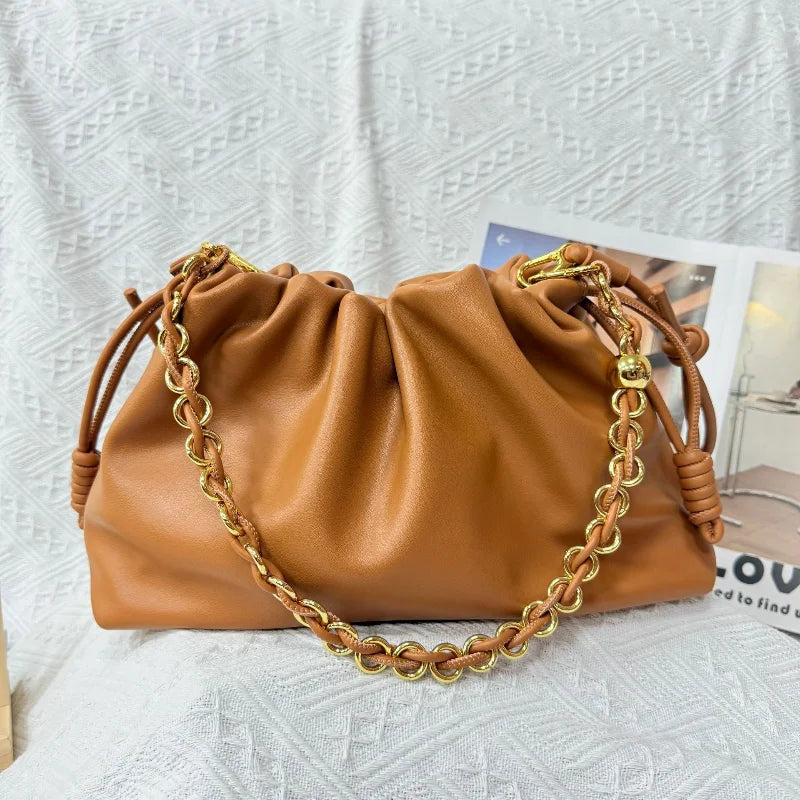 Brand Design Drawstring Cloud Bag, Soft Leather Lucky Tote, Large Capacity Versatile Shoulder Crossbody Commuter Bag For Women