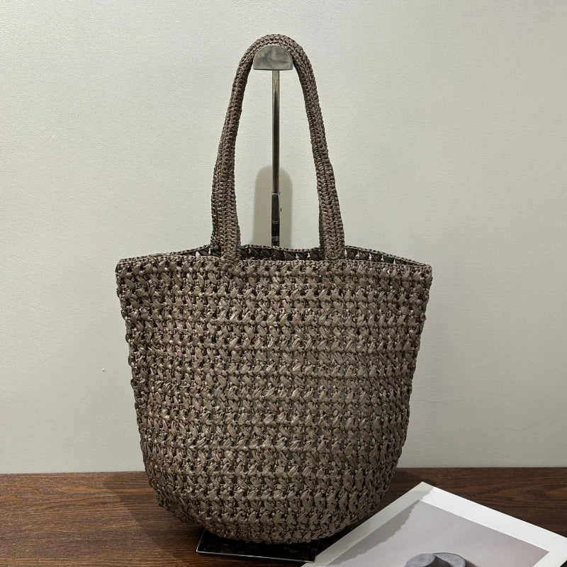 Brand Woven Straw Bucket Bag, High-quality Simple Casual Shoulder Handbag, Women's Commuter Beach Vacation Tote Purse