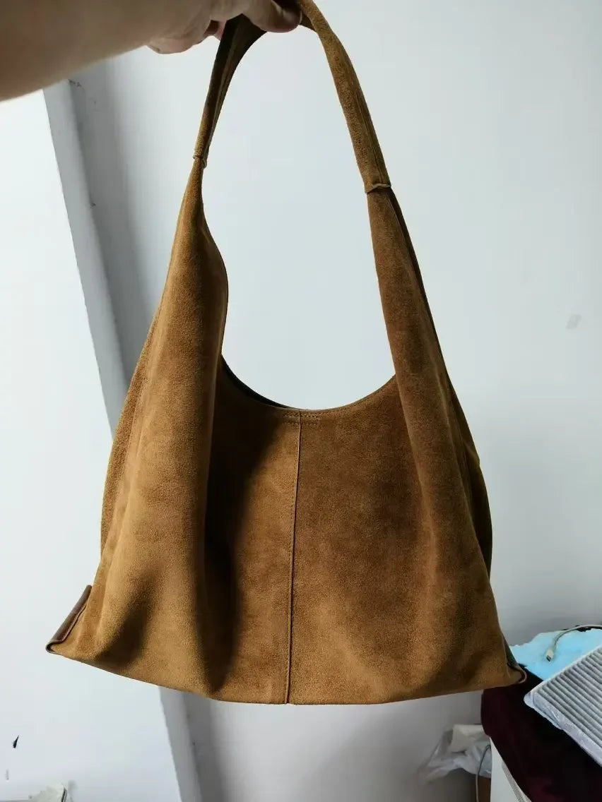 Classic Large Capacity Winter First-class Nubuck Leather Travel Armpit Tote Grey Luxury Suede Cow Leather Women Handbag Big