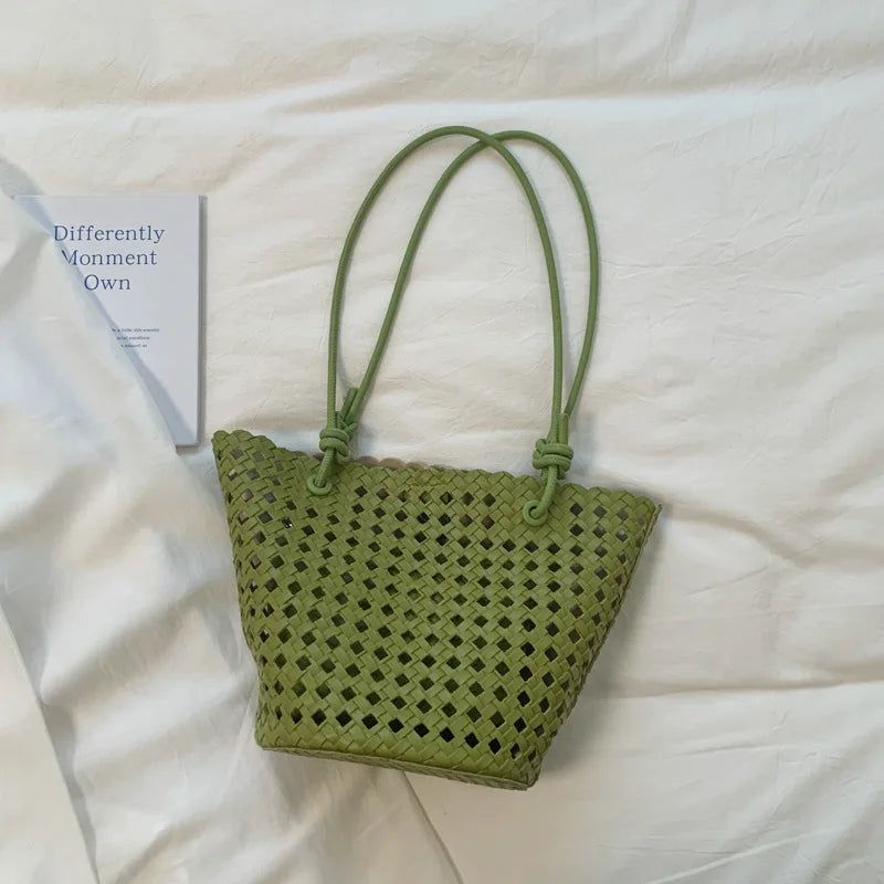 Fashion Hollow Woven Basket Bag Nested Package Soft Leather Shoulder Bag Large Capacity Beach Vacation Bucket Bag With Inner Bag