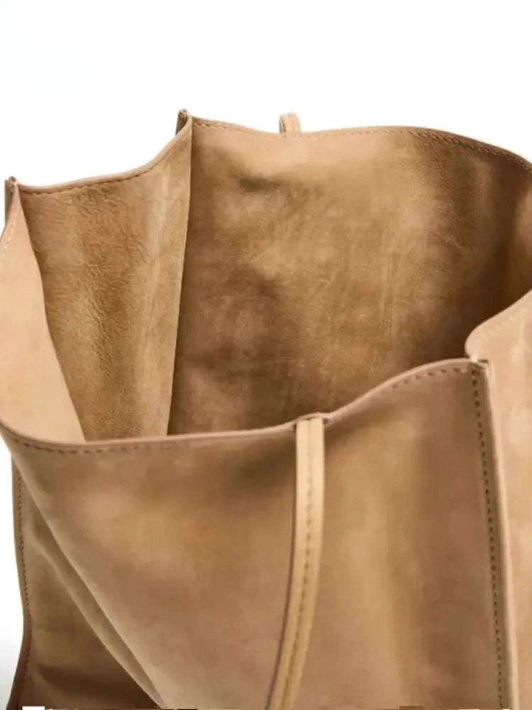 Retro Simple Normcore Kakhi Red Color Shopping Tote High-end Thick Suede / Cow Leather Women Handbag Underarm Purse