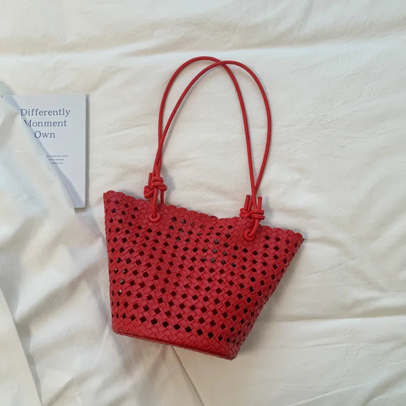 Fashion Hollow Woven Basket Bag Nested Package Soft Leather Shoulder Bag Large Capacity Beach Vacation Bucket Bag With Inner Bag