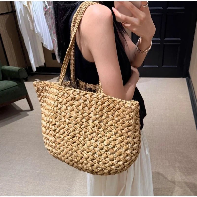 Brand Woven Straw Bucket Bag, High-quality Simple Casual Shoulder Handbag, Women's Commuter Beach Vacation Tote Purse
