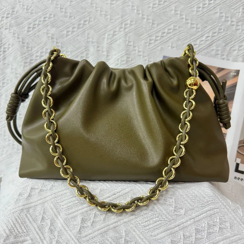 Brand Design Drawstring Cloud Bag, Soft Leather Lucky Tote, Large Capacity Versatile Shoulder Crossbody Commuter Bag For Women