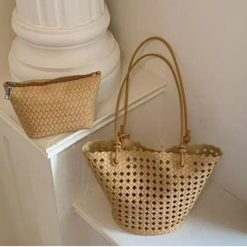 Fashion Hollow Woven Basket Bag Nested Package Soft Leather Shoulder Bag Large Capacity Beach Vacation Bucket Bag With Inner Bag