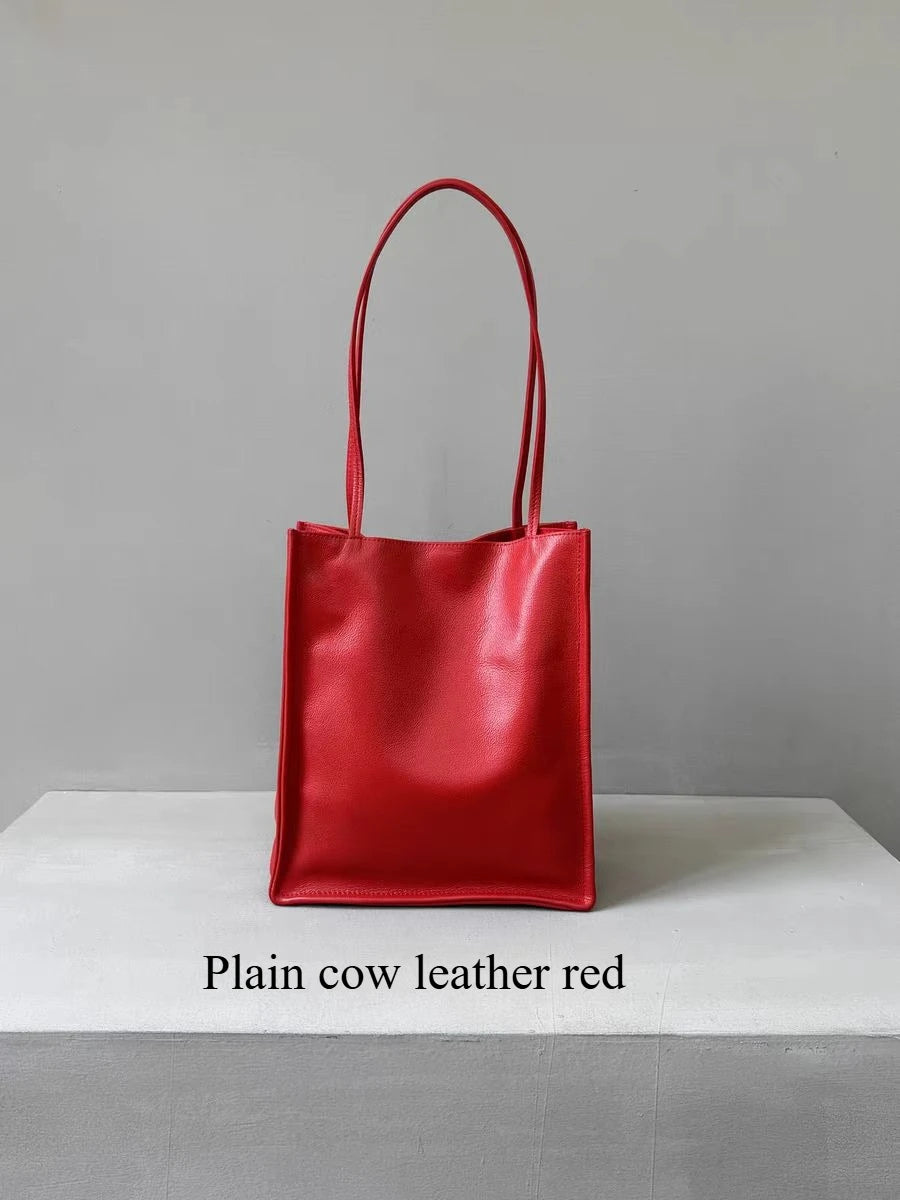 Retro Simple Normcore Kakhi Red Color Shopping Tote High-end Thick Suede / Cow Leather Women Handbag Underarm Purse
