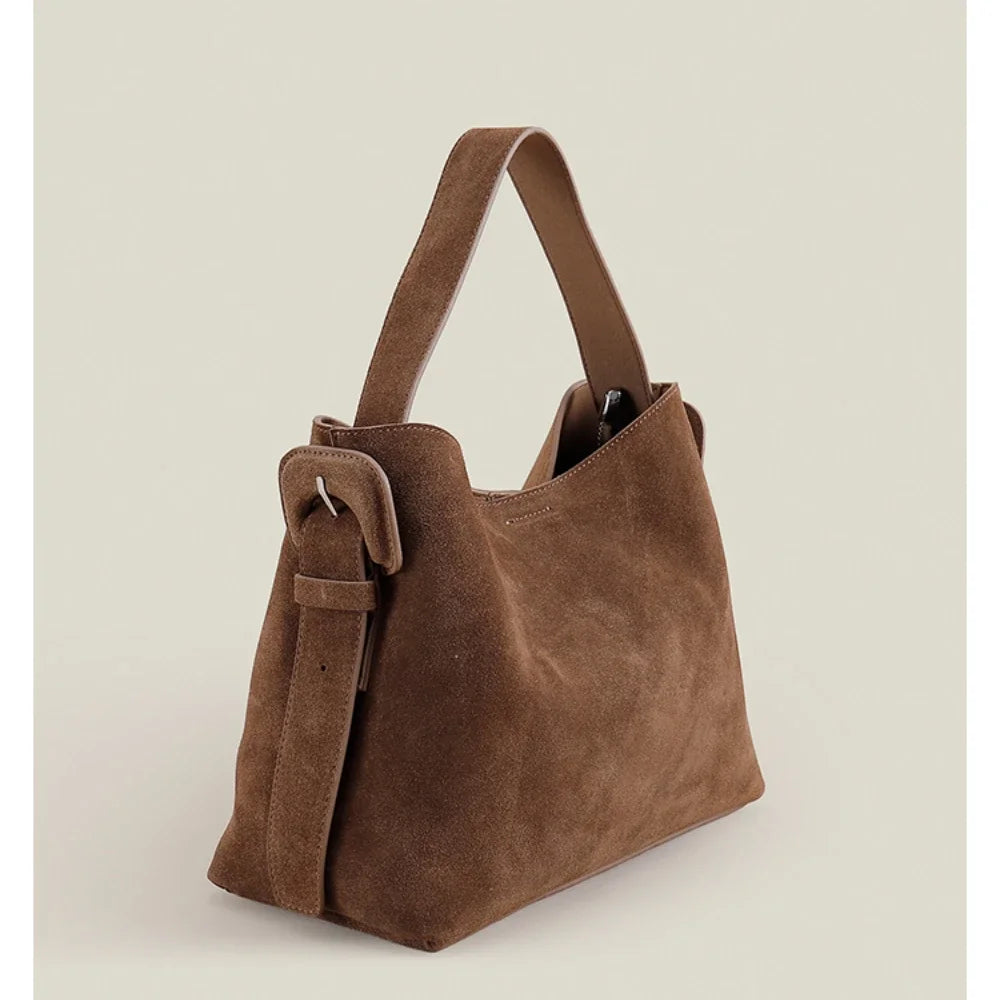 2026 Designer Winter Matte Maroon Color Top Handle Bucket Tote Large Suede Cow Leather Women Shoulder Bag Quality Nubuck Handbag